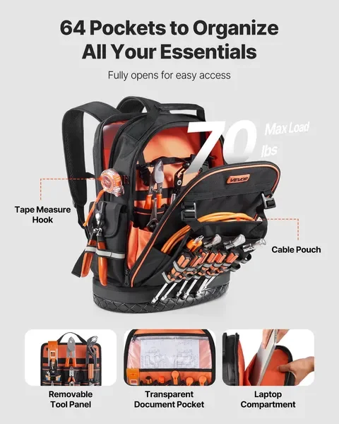 Tool Backpack 64 Pockets Tear-resistant Jobsite Backpack for Electrician