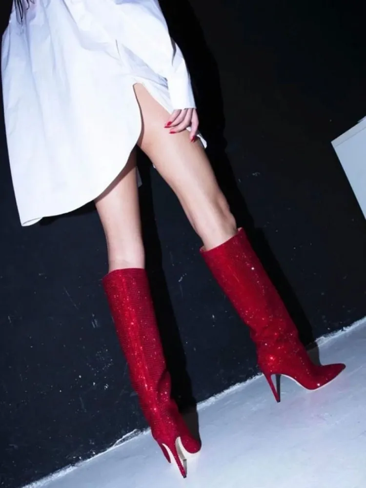 Women Chic Thin Heel Knee High Boots Slip-On High Heels Footwear Solid Color High Top Shoes Pointed Toe Diamond Boots Hot Sale