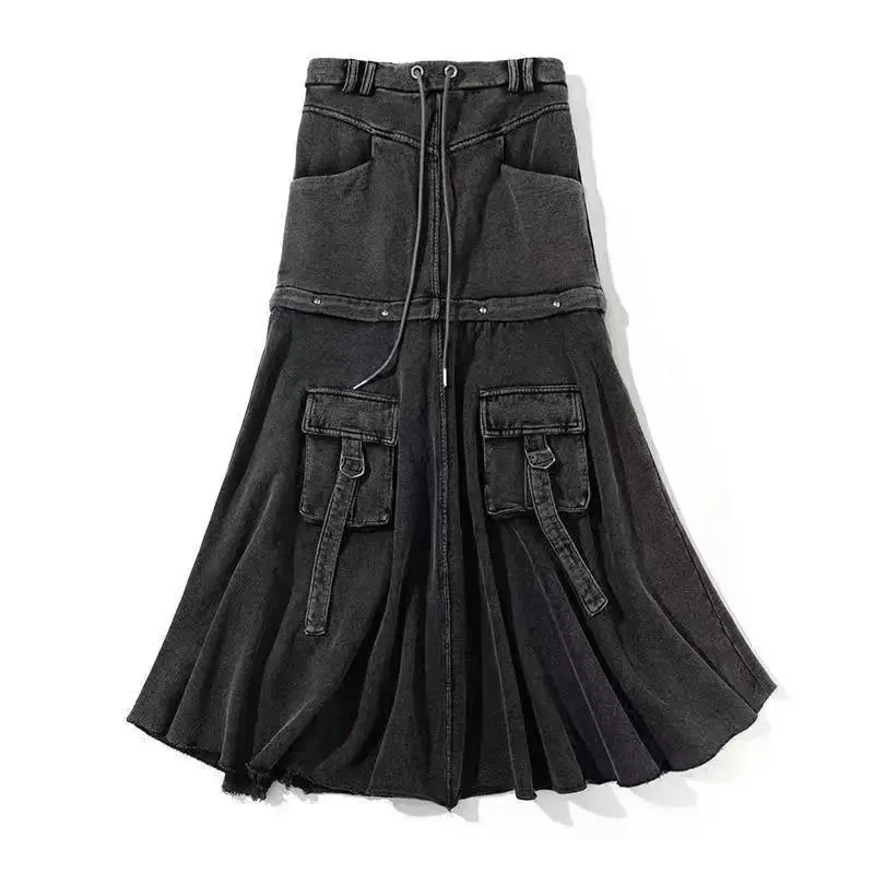 American Women High-end Lace Up Skirt Autumn Female High Waist Patchwork Maxi Skirt Ladies Lazy Wind Loose Workwear Long Skirts