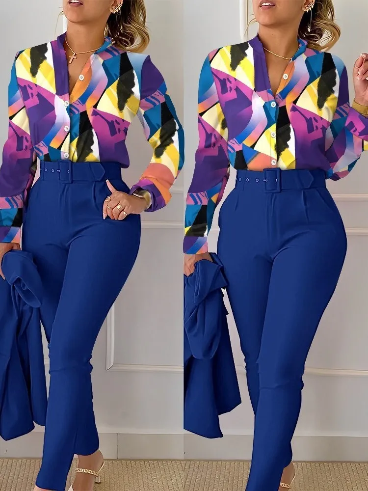 Eleganckie damskie spodnie Casual Shirt Pants Set Autumn Stand Neck Floral Print Long Sleeve Shirt High Waist Two Piece Sets Trousers Suits