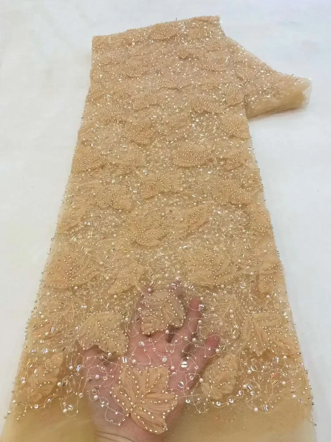 High Quality Hkg Fashion 3d Lace Fabric Latest Dubai Beaded Flower Tulle Embroidered Applique Fabric for Sewing Material