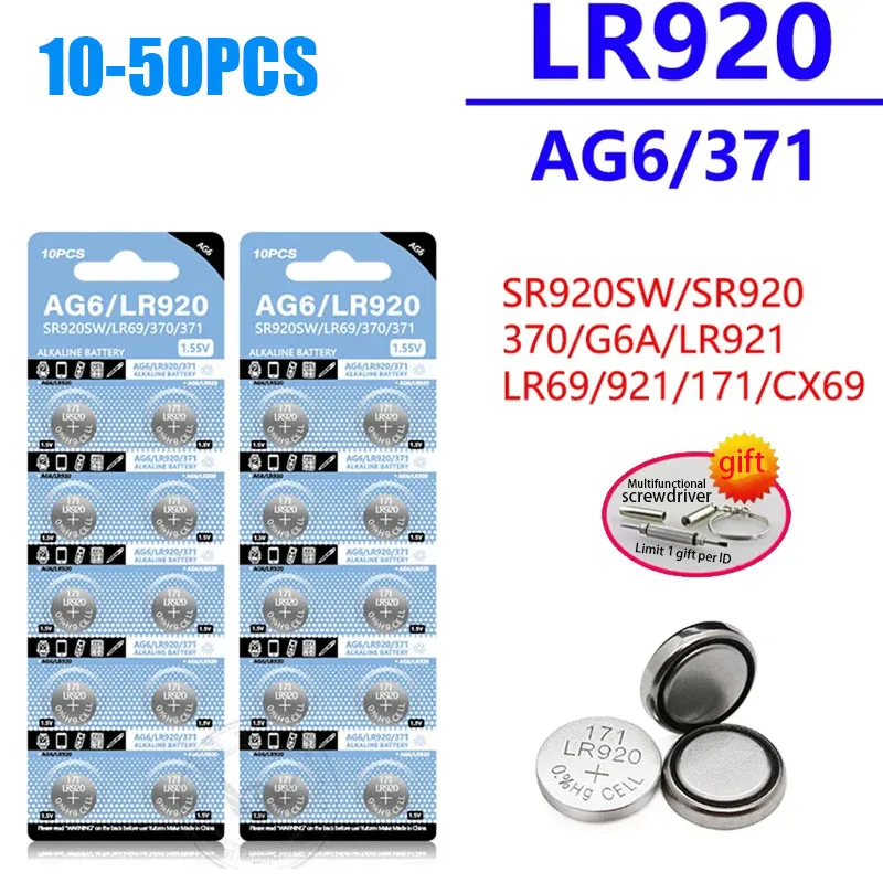 10-50PCS AG6 371 SR920SW LR920 SR927 171 370 L921 LR69 SR920 1.55V Coin Battery For Watch Toys Remote Button Cell Button Battery