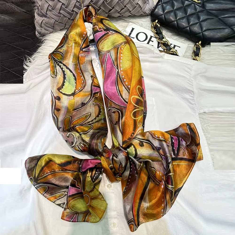 BYSIFA|New 100% Mulberry Silk Scarf Shawl Fall Winter Accessories Women Long Scarves Summer Beach Shawls Yellow, Orange,Pink