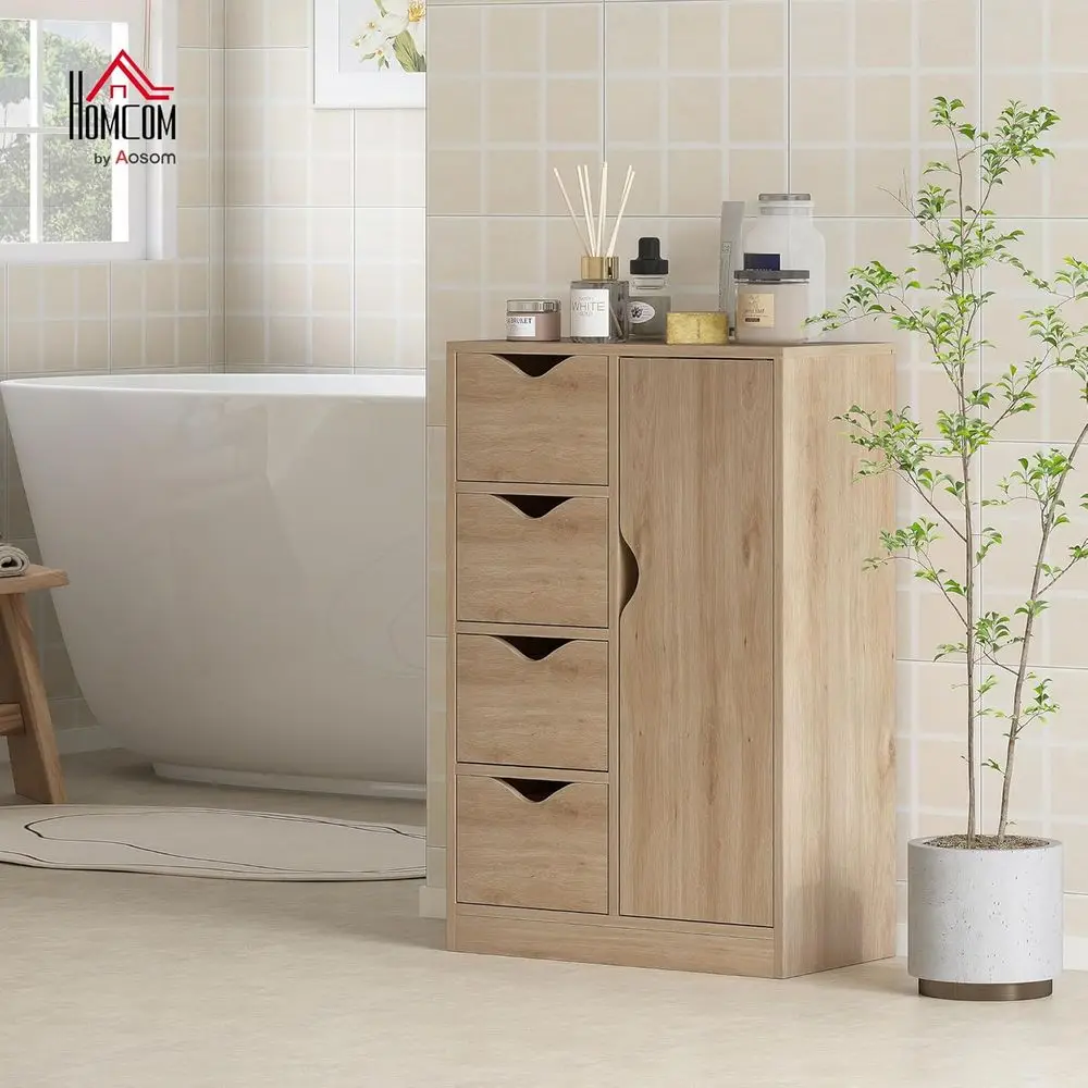 

freestanding Storage Cabinet, Bathroom loor Cabinet with 4 Ders and Door, Oak