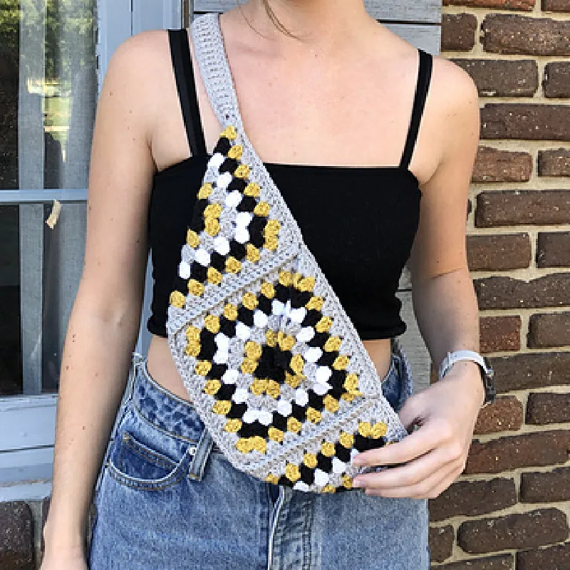 Handwoven floral waist bag, crossbody bag, grandmother grid shoulder bag, mobile phone bag, key bag, fashionable zero wallet