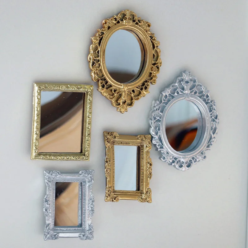 Mini Vintage Carved Mirror Retro Self-adhesive Wall Mounted Mirror Gold Silver Color Makeup Vanity Home Decorative Mirror DIY