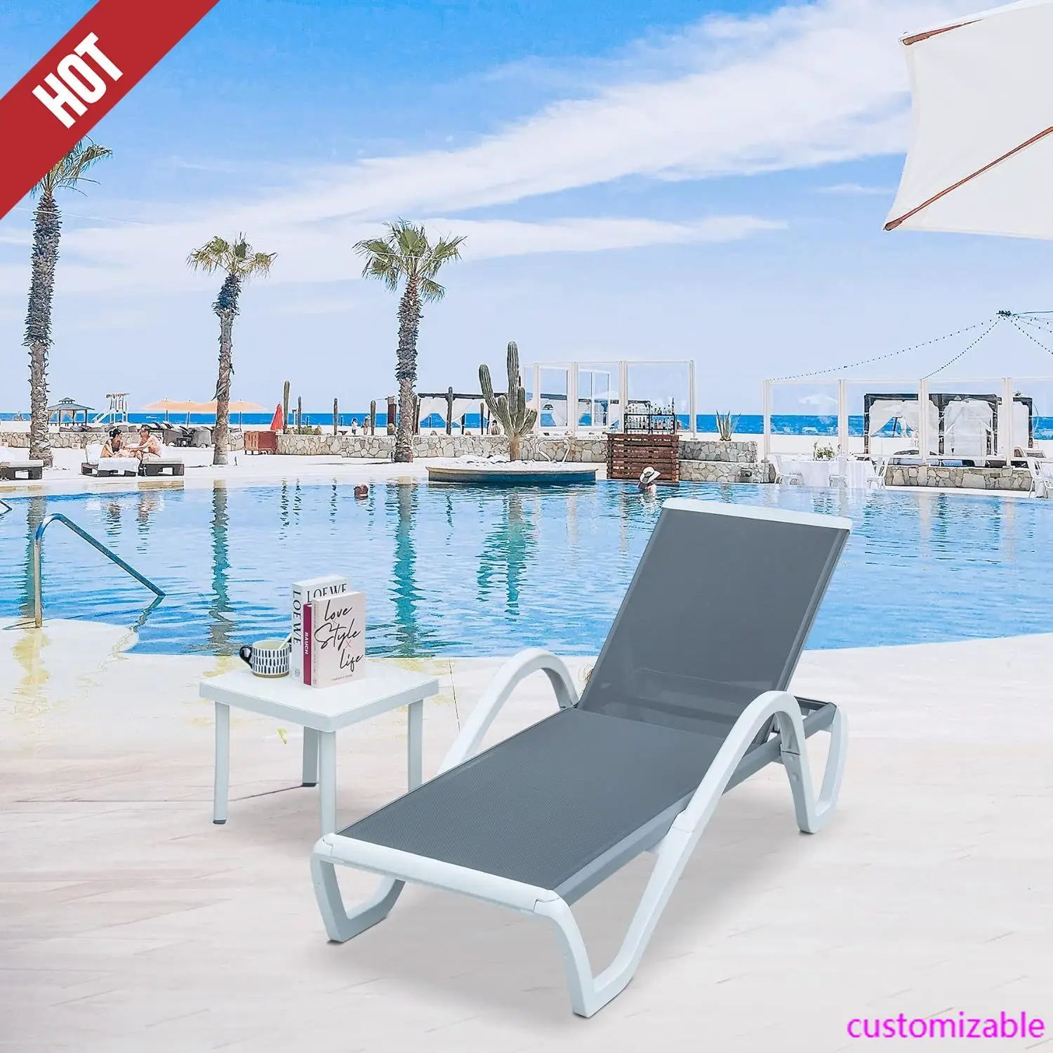 

Lounge Outdoor Lounge Chair Adjustable Aluminum Pool Lounge Chair with Armrests, Side Table, All Weather Poolside, Garden, Gray