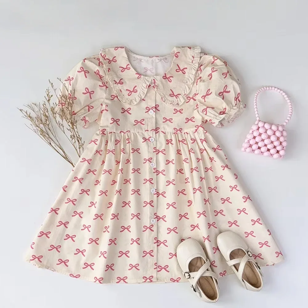 Sweet Fairy Tale Style Pink Bow Collar Bubble Sleeve Princess Dress Korean Version Summer New Girl Casual Clothes 3-7 Years Old
