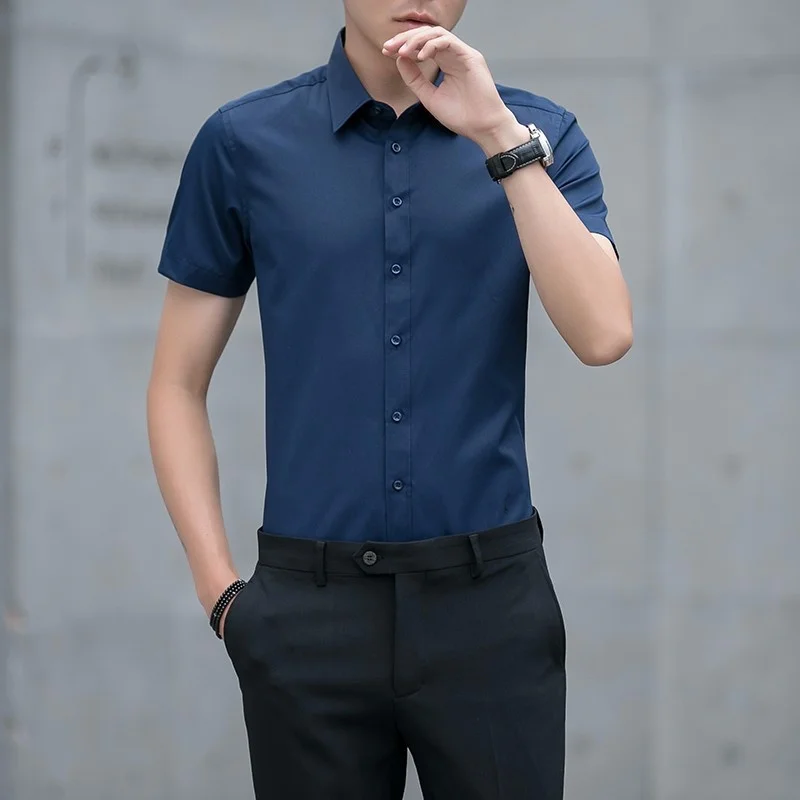 Summer Men\'s Slim Fitting Business Work Shirt Casual Handsome Turndown Collar Short Sleeve Shirts For Men Soild Blouses