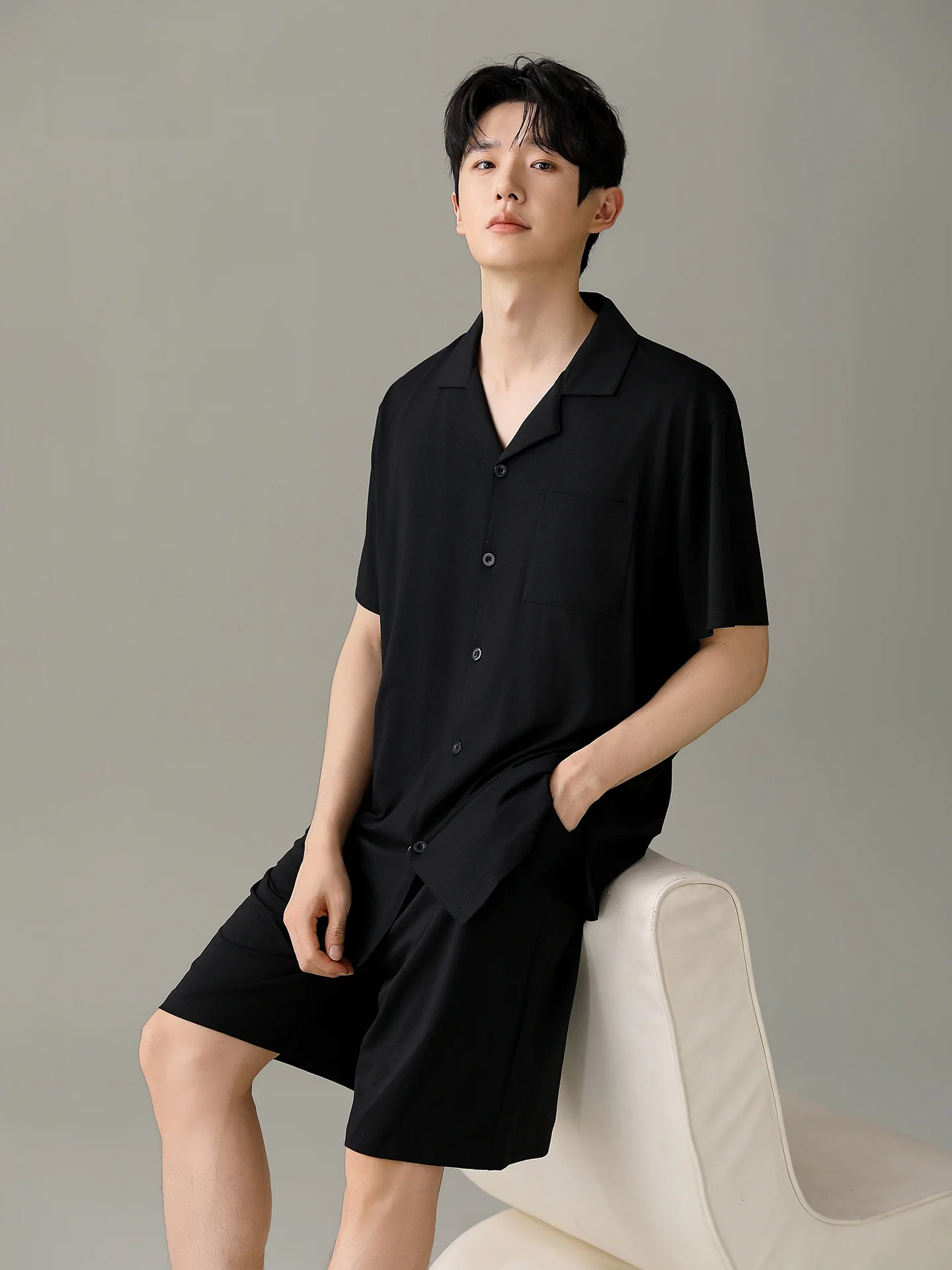 cool-sensation-modal-sleepwear-men's-summer-short-sleeve-open-cardigan-thin-ice-silk-black-home-clothes-set-loose-fit-short-p