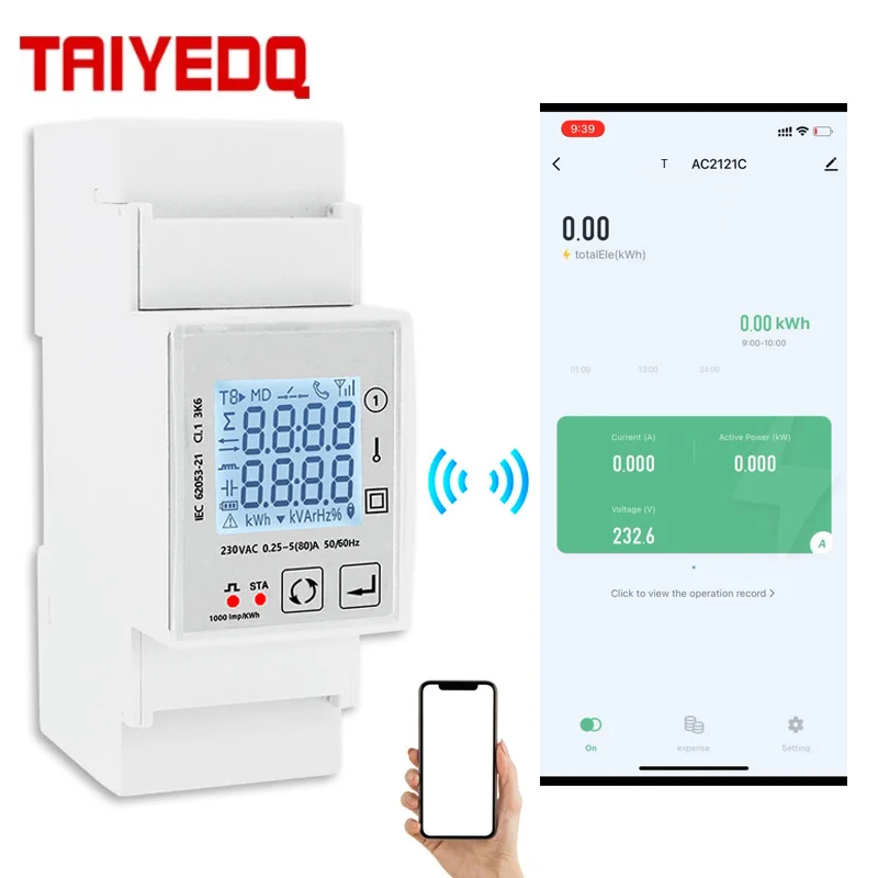 Tuya Smart WiFi Power Consumption Switch Energy Monitoring Meter 230V 80A Din Rail Remote Control LCD One Pulse Output