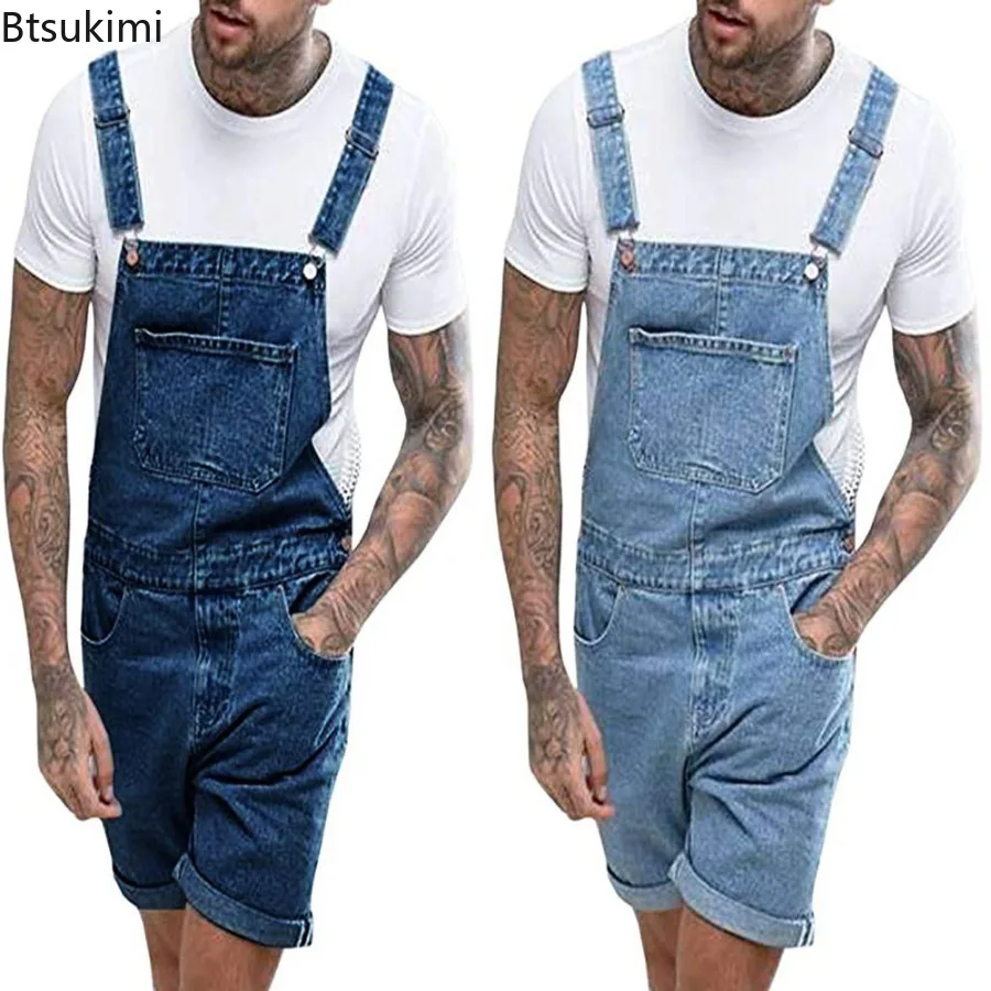 New Men's Ripped Denim Overall Shorts Male Cargo Workwear Suspender Distressed Jean Jumpsuit Casual Streetwear Short Overalls