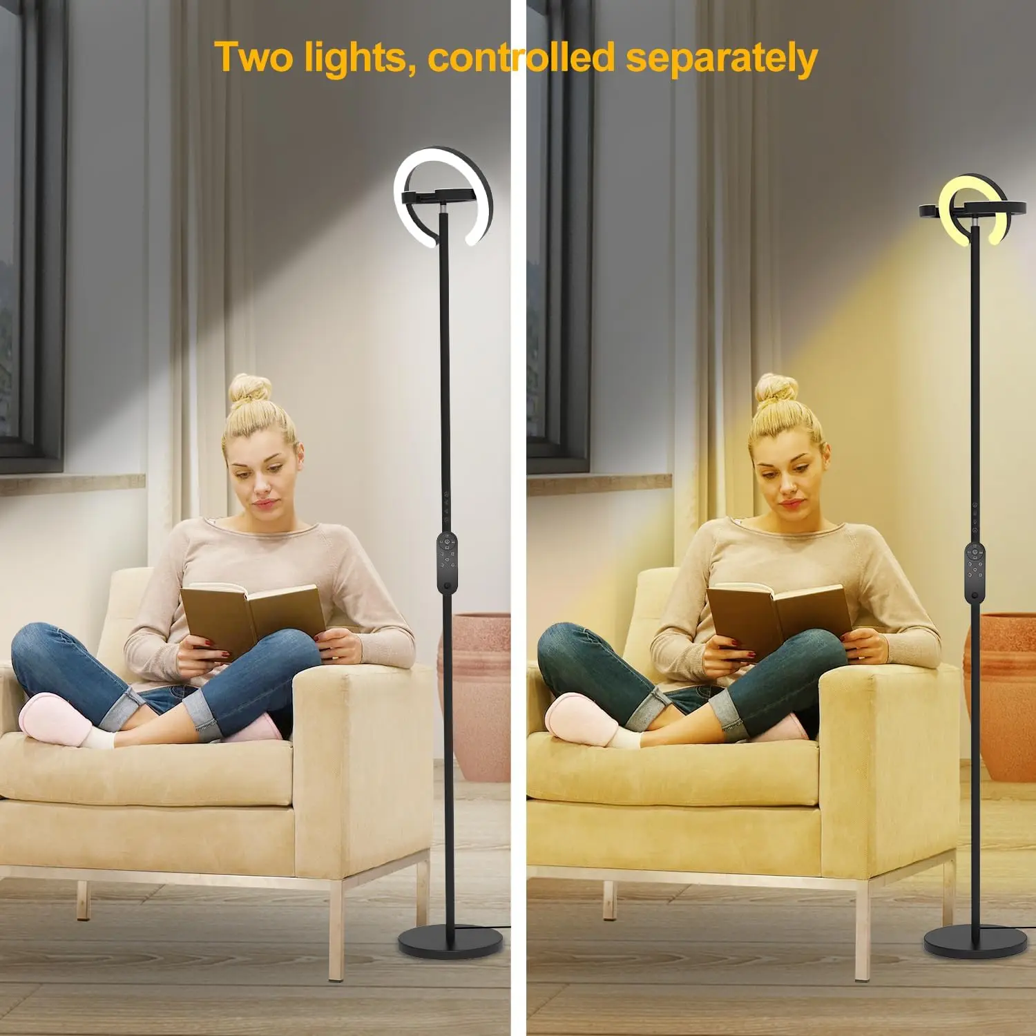 75.5" LED Floor Lamp with Dual Rotatable Lights, Stepless Dimming, Remote Control for Living Room and Office