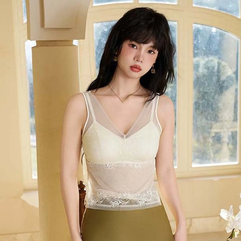 

Mesh Flower Slim Lace Crop Top Sweet V Neck Transparent Girl's Vest Top Spicy Girls Style Vest Camisole with Pads
