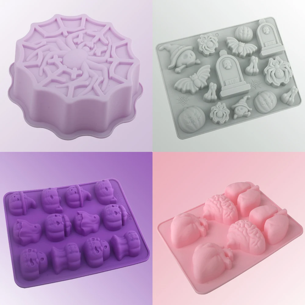 Halloween Element Skull Spider Pumpkin Ghost Bat Tombstone Design Halloween Chocolate Mold Silicone Cake Moulds Kitchen Bakeware