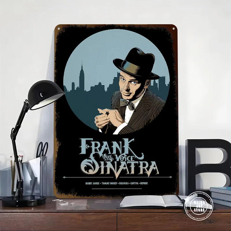 Frank Sinatra Portrait With New York Skyline Personalized 3D Textured Metal Poster Wall Art Tinplate Sign for Home Decor House