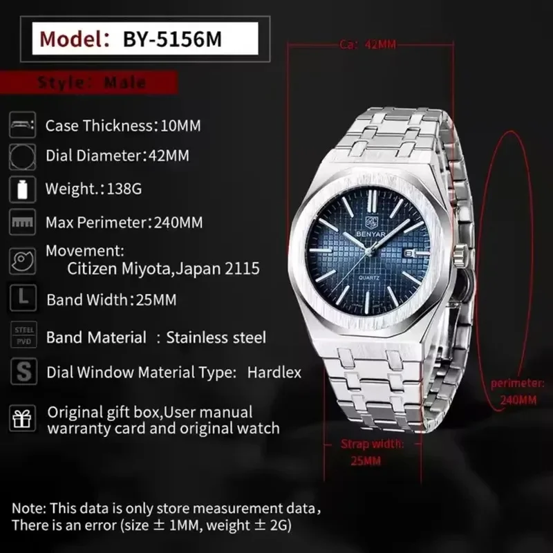 BENYAR 5156 Men's Quartz Watches and B Top Brand Fashion Simple Waterproof Night Glow Date Quartz Watch for Men Latest