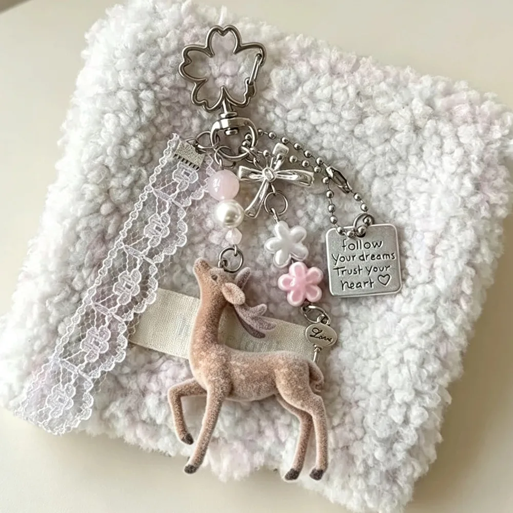 Kawai Flocked Deer Keychain Lace Bow Dangle Bag Pendant Handmade Korean Aesthetic Phone Charms For Backpack Purse Decor