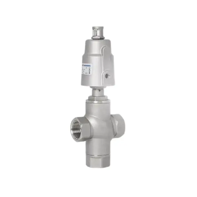 Pneumatic 3-way angle seat piston stop shut-off valve