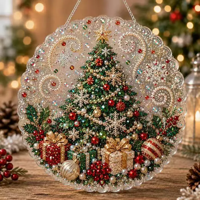 DIY Christmas pearl diamond painting pendant, acrylic circular board, 2D flat pearl bead crafts, holiday window and wall decorat