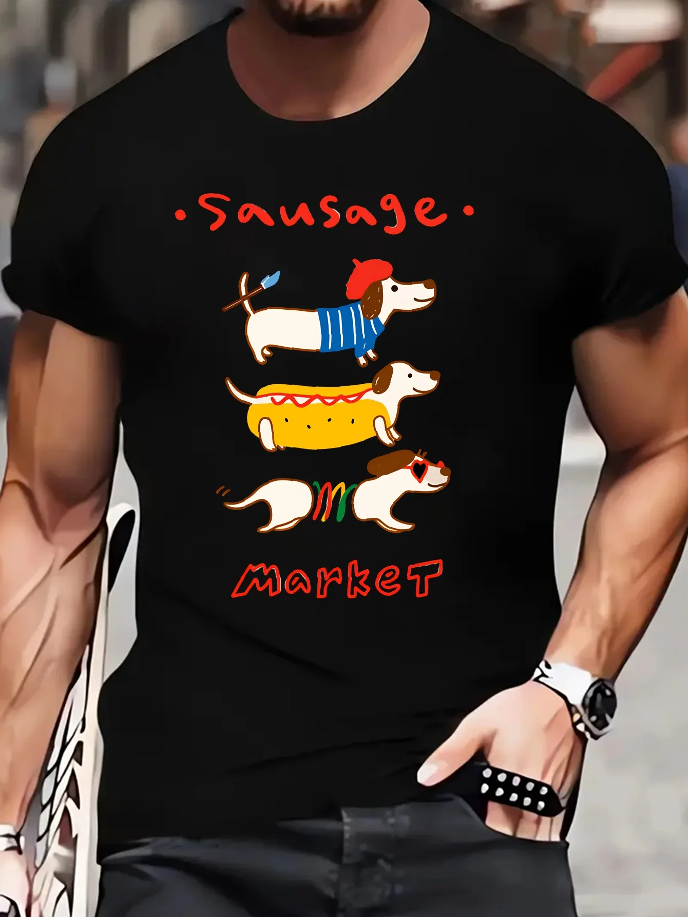 Men Crew Neck Cotton Tee Sausage Market Dachshund Graphic Short Sleeve Casual Summer Dog Lover Daily Streetwear Basic T Shirt