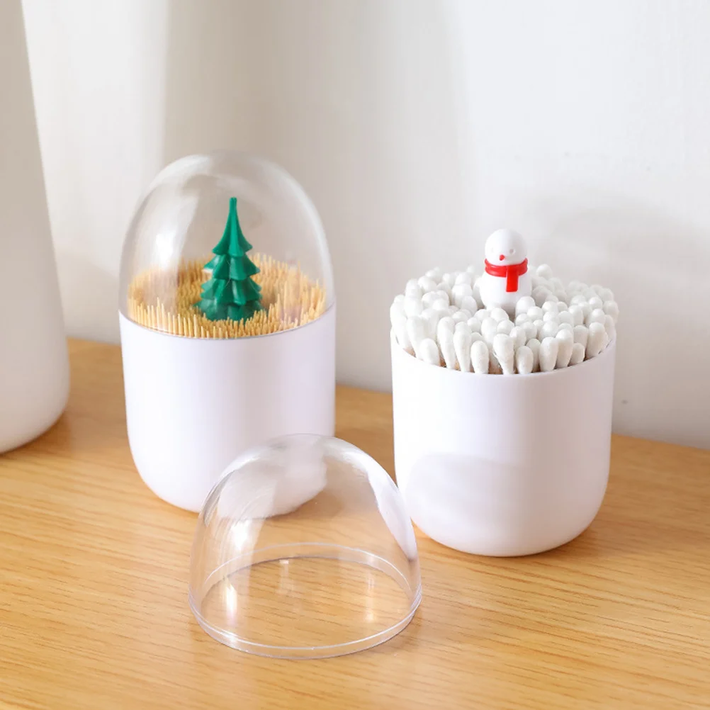 

2 pcs Christmas Tree Snowman Toothpick Box With Lid Abs Material Dust Proof Swab Storage Container Portable Kitchen Bar