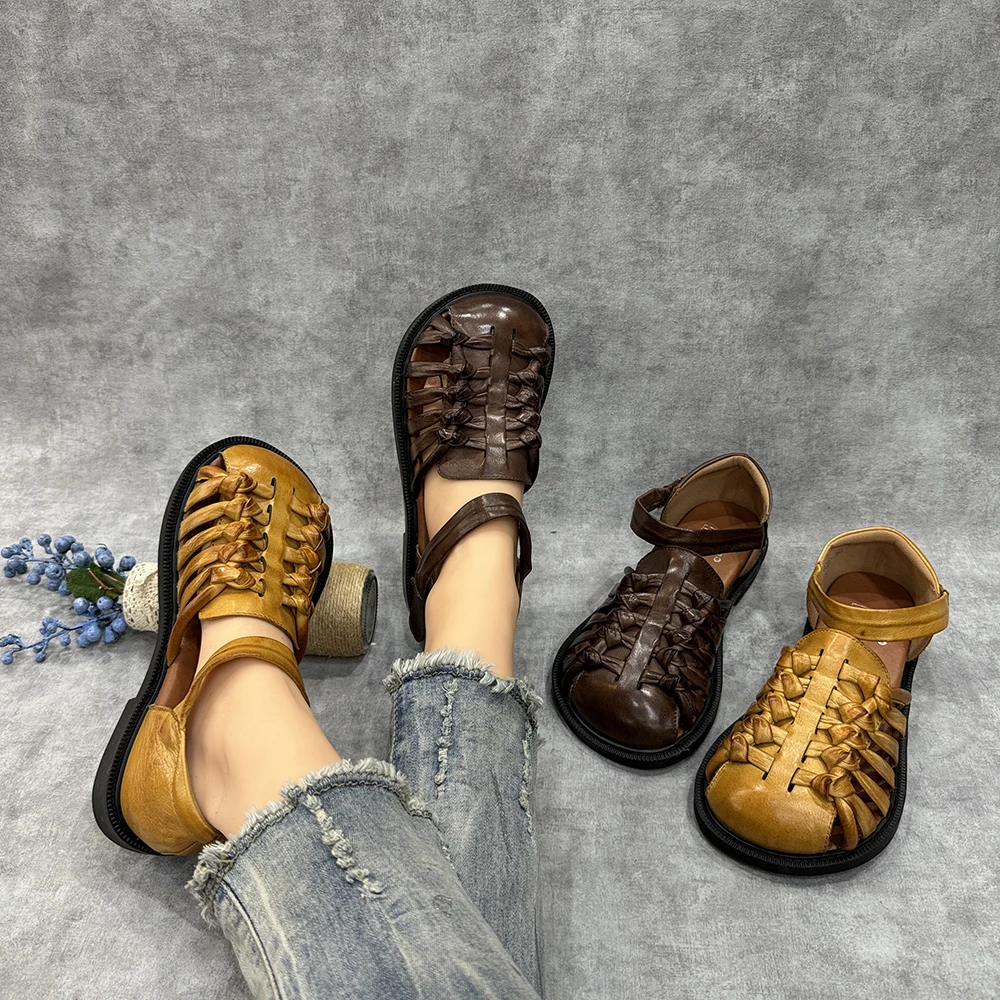 

Birkuir Ретро тканые женские сандалии из натуральной кожи с петлей на крючках Мэри Джейн сандалии с круглым носком женские шлепанцы с закрытым носком