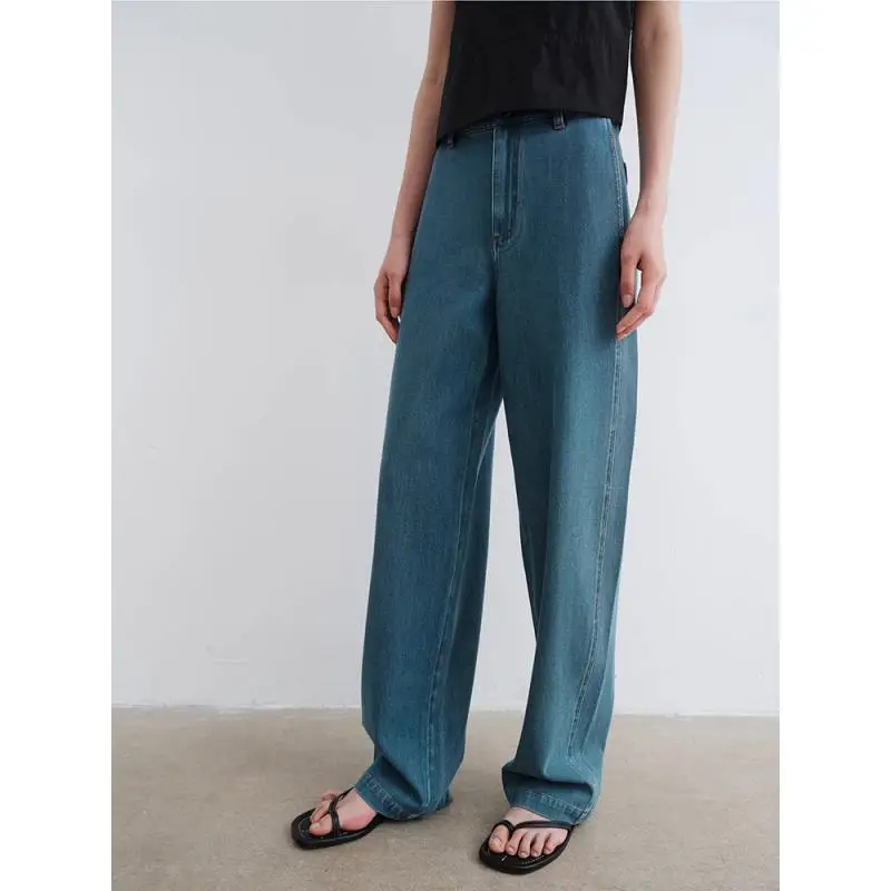 Withered French Minimalist Jeans Made Of Pure Cotton And Skin Friendly Washed Loose Cocoon Shaped Straight Leg Jeans For Women