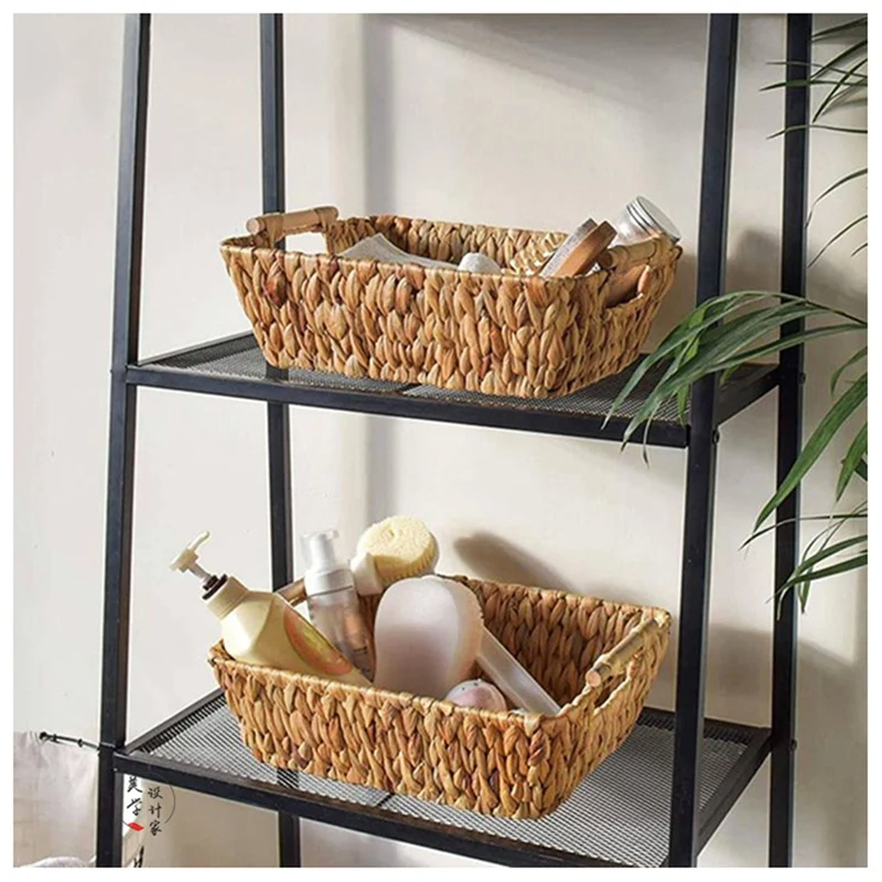 Cesta de baño tejida de jacinto de agua, cesta de almacenamiento de papel higiénico o toallas, larga para almacenamiento de baño