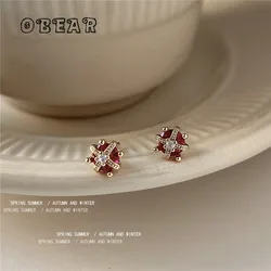 Copper plated 14K gold Rose Zircon Crown Stud Earrings for Women Korean Cute Simple Ear Jewelry