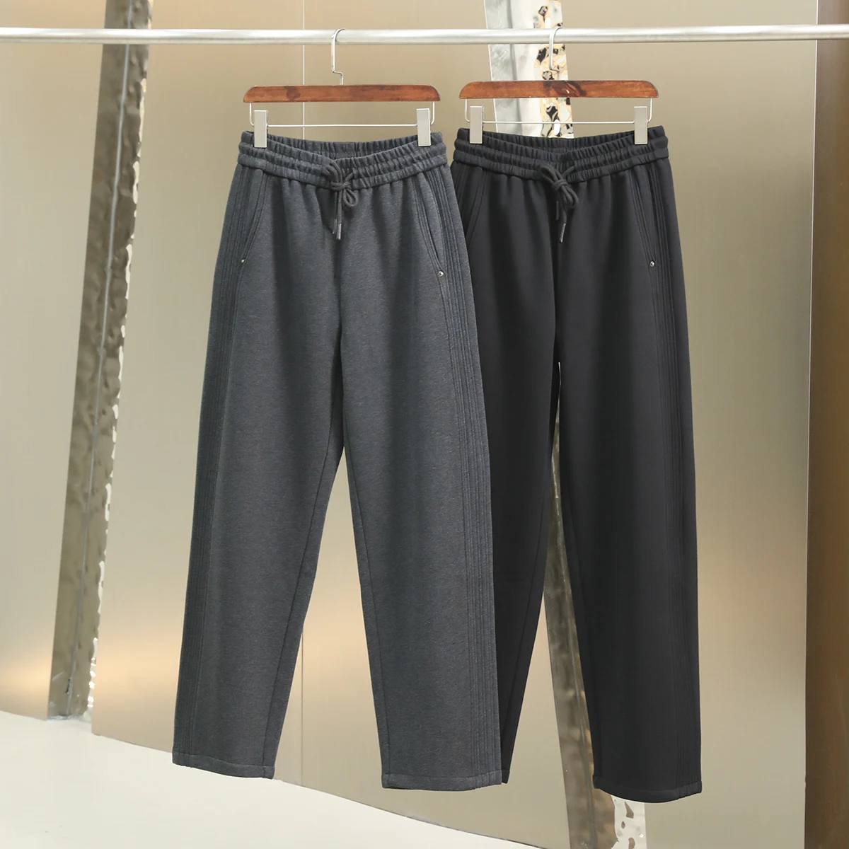 

Теплые вязаные хлопковые брюки с флисовой подкладкой, прямого кроя, мужские спортивные повседневные брюки из полиэфирного волокна, с эластичным поясом на средней талии, джоггеры