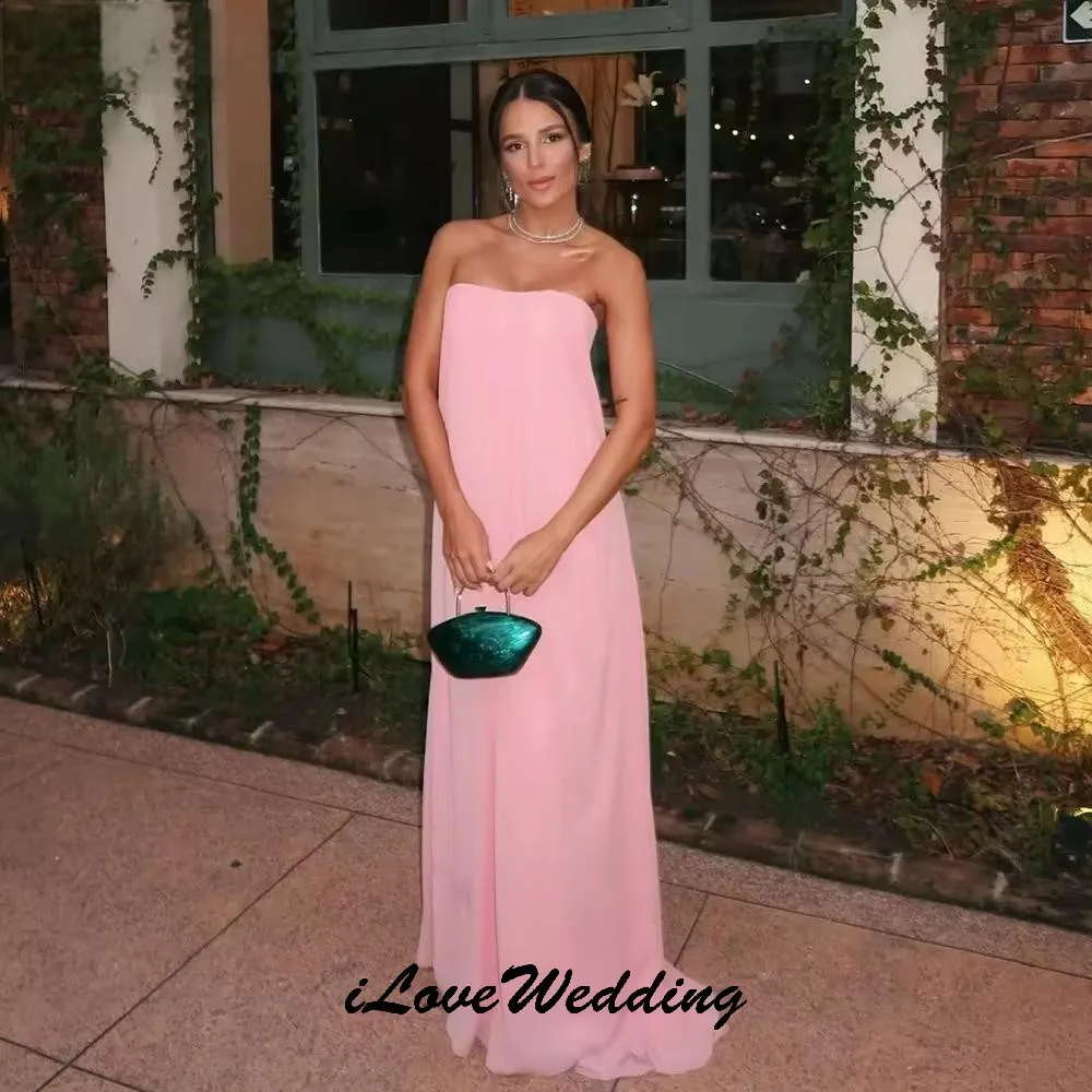 

Pink Chiffon Prom Dresses 2025 Elegan Wedding Party Dress For Woman Strapless Evening Dresses Sweep Train Sleeveless Customized