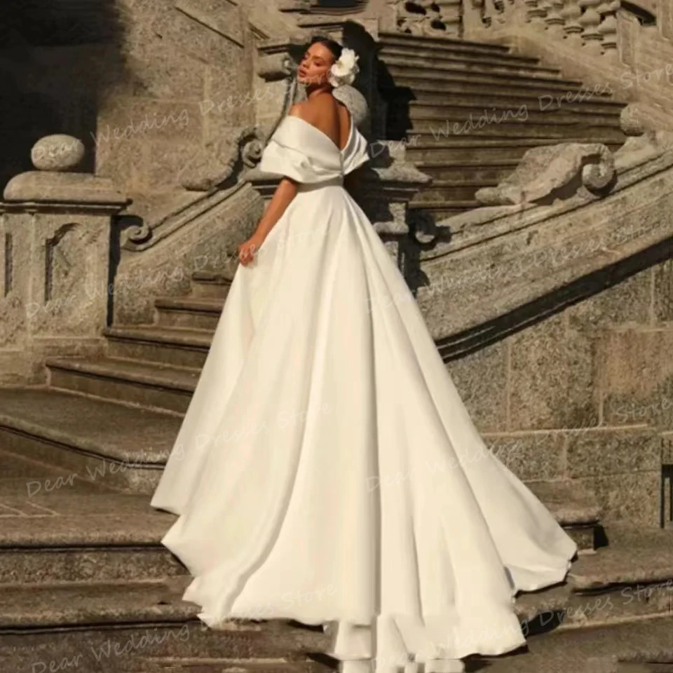 2024 abiti da sposa in raso A pieghe semplici abiti da sposa Sexy con spalle scoperte abiti da festa formali senza schienale da donna Vestidos De Novias