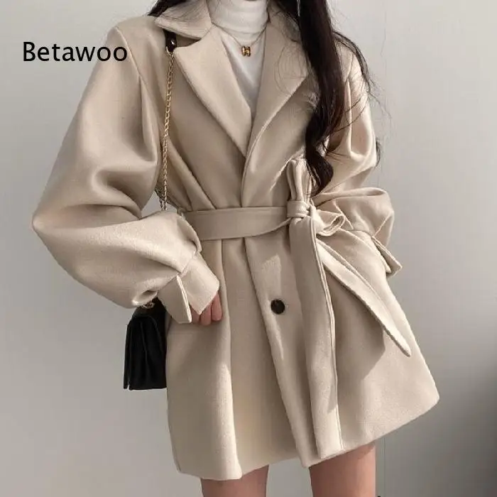 Women Medium Long Coat Lapel Long Sleeve Belted Waist Double Button Loose Causal Fall Winter Woolen Overcoat