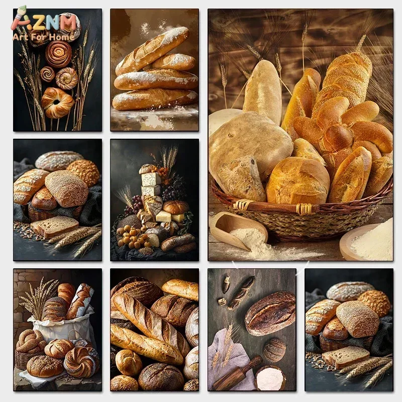 AZNM Rustic Bread Bakery Canvas Wall Art, Fresh Sourdough Baguette Wheat Still Life Print, Vintage Food Poster for Kitchen Dinin