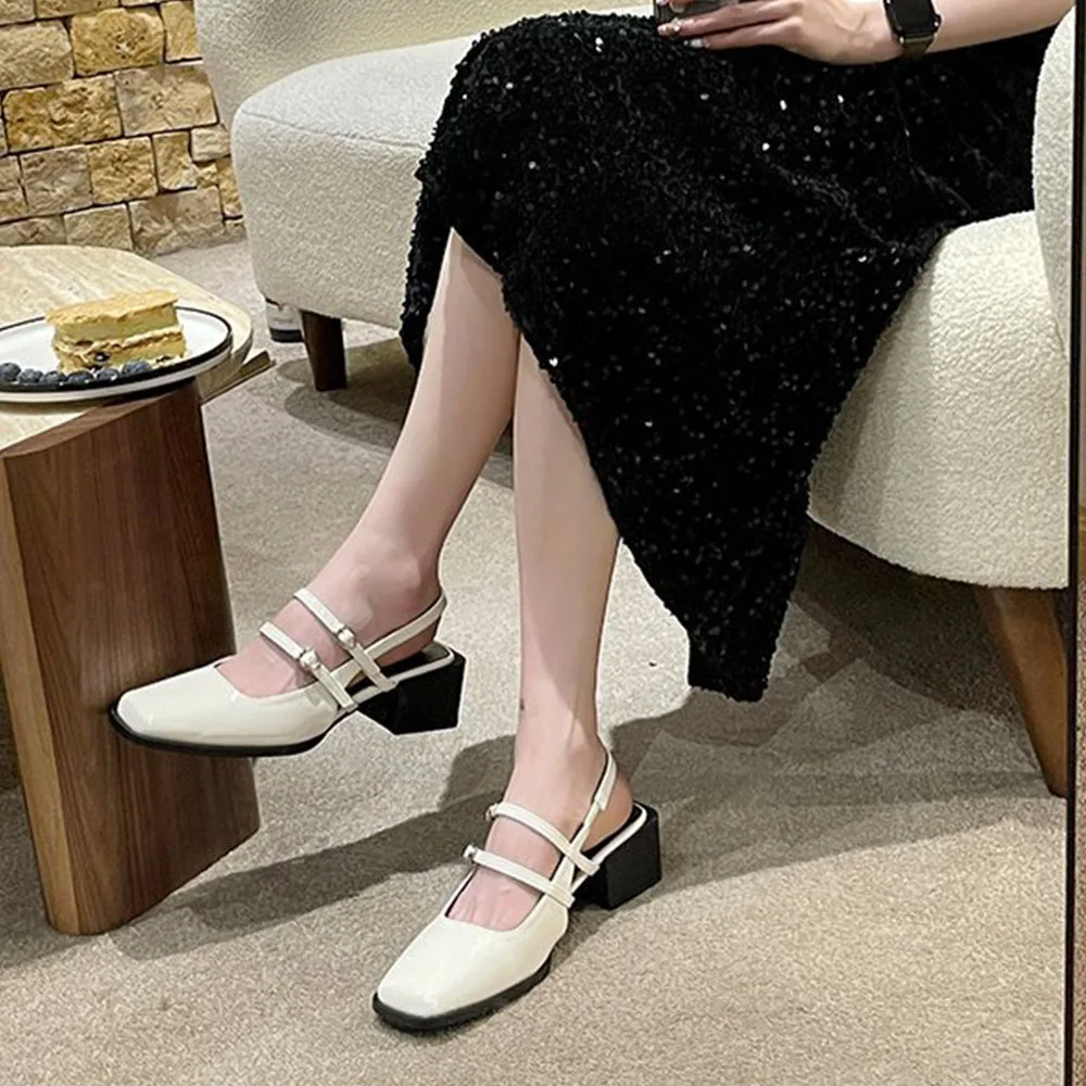 Sorphio Women Summer Mary Janes Shoes Chunky High Heels Buckle Strap Slingbacks Cover Toe Square Toe Elegant Dress Women Sandals