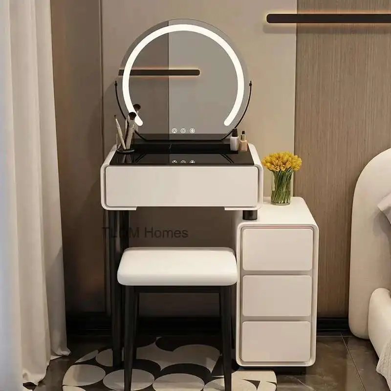 

Slate Vanity Table Bedroom Simple Beauty Dressing Table Led Mirror with Chair Storage Drawer Tempered Glass Modern Furniture r