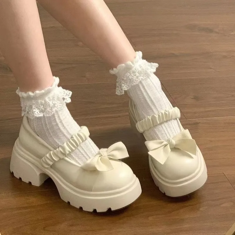 Zapatos Mary Jane de tacón grueso para mujer, zapatos de tacón alto francés de verano con plataforma JK, zapatos de tacón con punta redonda atados con nudo, talla 35 40