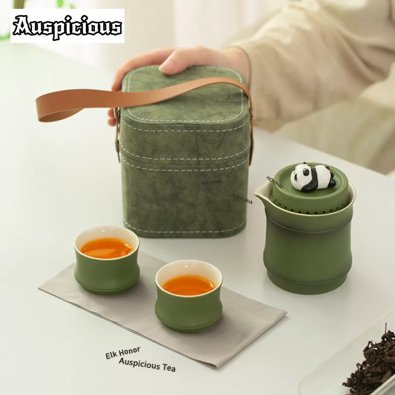 ZAEYORIA Creative Bamboo Panda Travel Tea Set Kit Japanese 1 Pot 1/2 Cups Tea Maker Organizer Portable Camping Tote Bag Supplies
