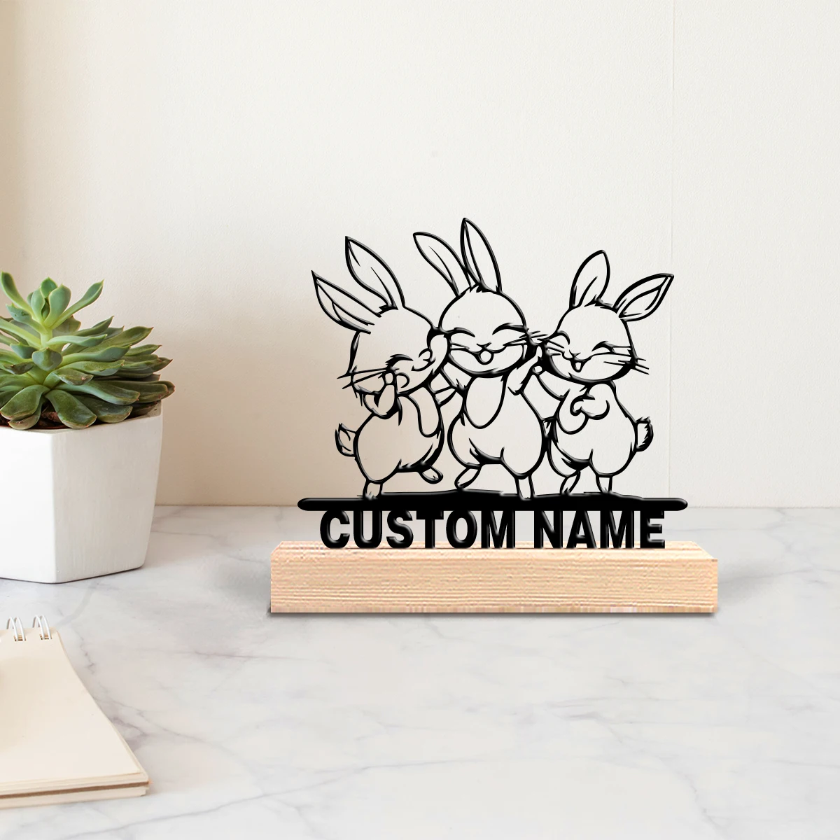 1pc Beauty Personalized Custom Three rabbits Iron handicrafts wooden base table decoration Suitable for desktop, living room de