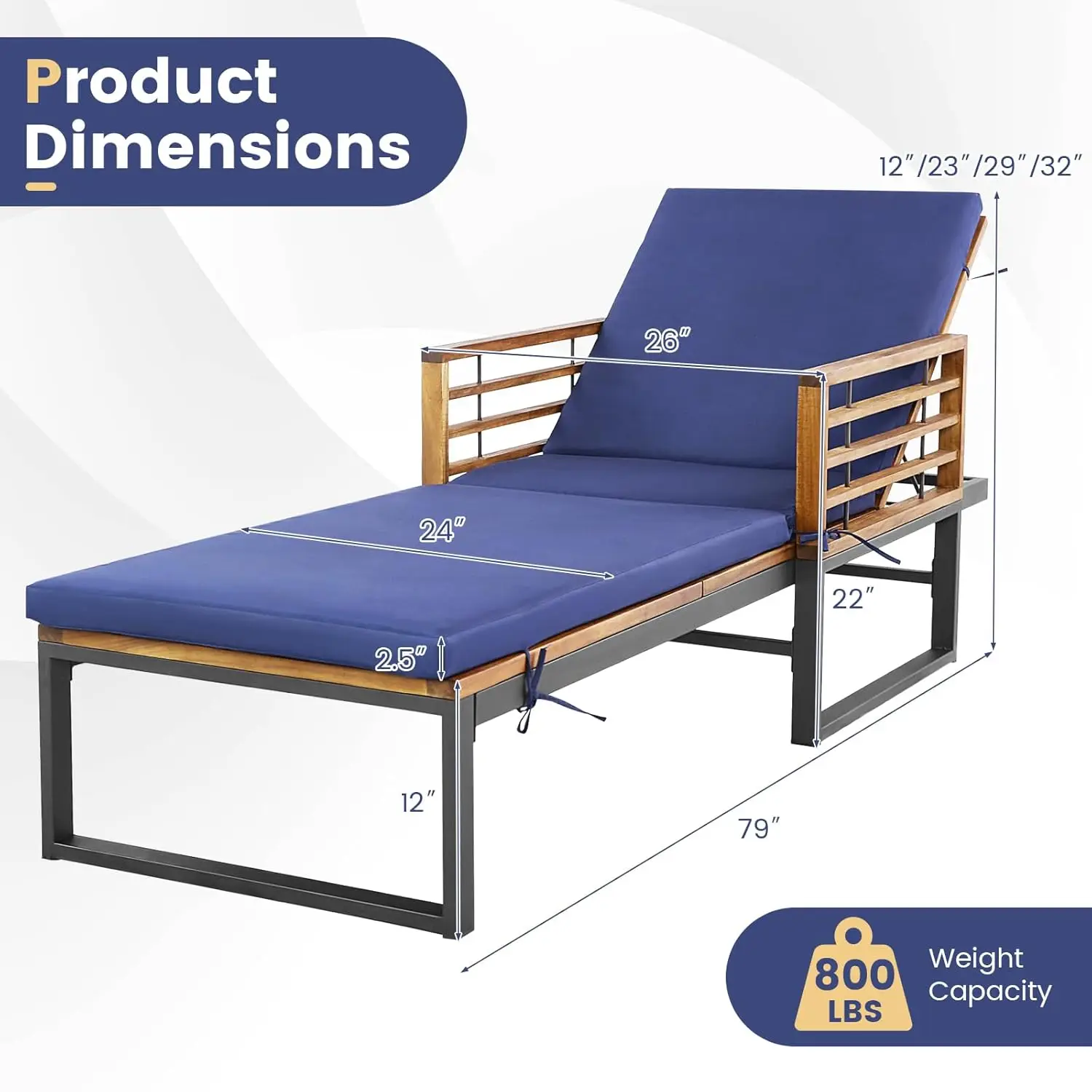 Acacia Wood Chaise Lounge Patio Recliner with 4-Position Adjustable Backrest & Padded Cushion, Outdoor Wooden Sun, Customized view 3