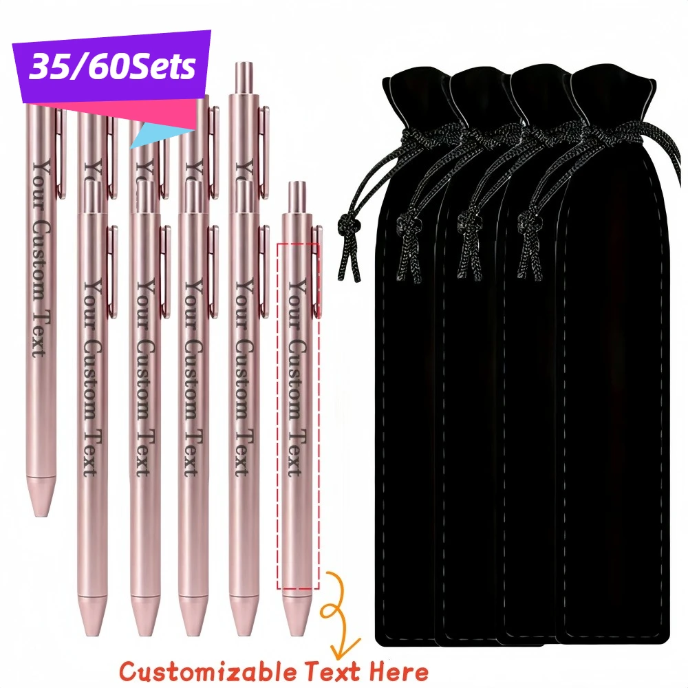 35/60PCS Rose Golden Customizable Ballpoint Pen Set with Black Case Smooth Writing Promotional Office School Gift Pens Supplies