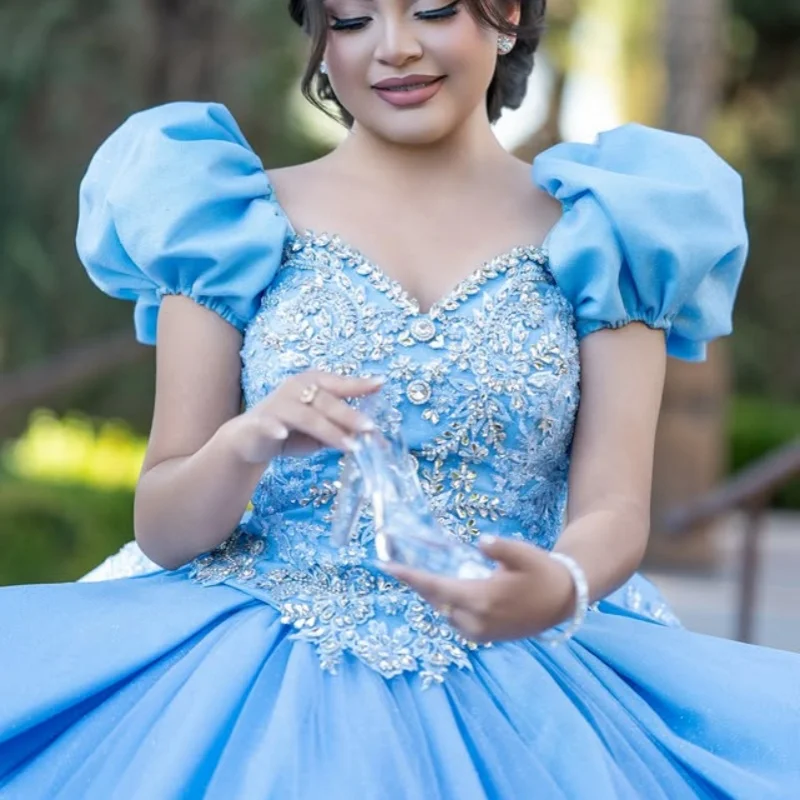 

Sky blue Quinceanera Dress off-shoulder crystal glitter decal Long tail Bow vestidos de 15 Quinceanera ﻿Customize