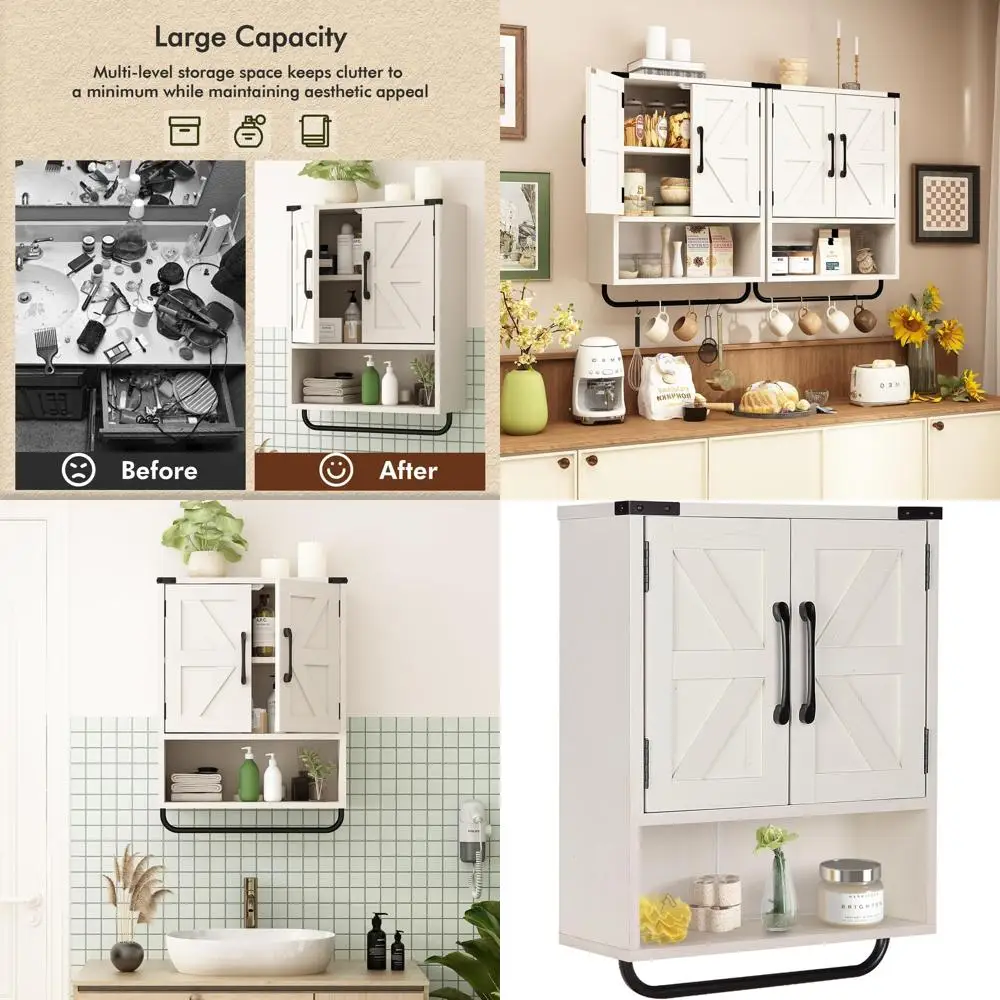 

Rustic 2-Door Wall Storage Cabinet with Adjustable Shelf & Towel Bar, 3-Tier Wooden Cabinet for Home Use (Washed Oak)