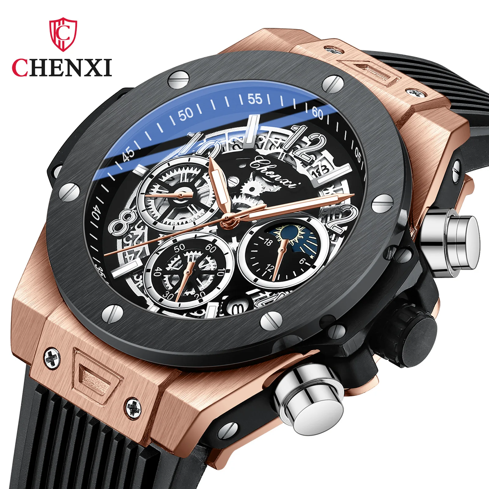 CHENXI 949 Quartz Watches Luxury Cool Creative Sports Chronograph Black Gold Silicone Strap Date Wristwatch for Male Gift