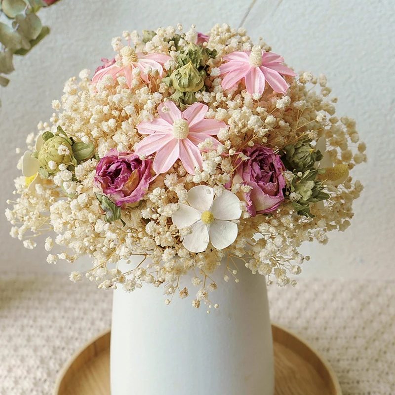 Sweet Dried Rose Babybreath Flowers Bouquet for Room Decor Nature Bouquet for Wedding Floral Arrangements Mother's Day Gifts