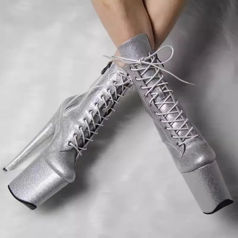 Model walking high heels 23cm stage nightclub pearl shining performance pole dance short boots