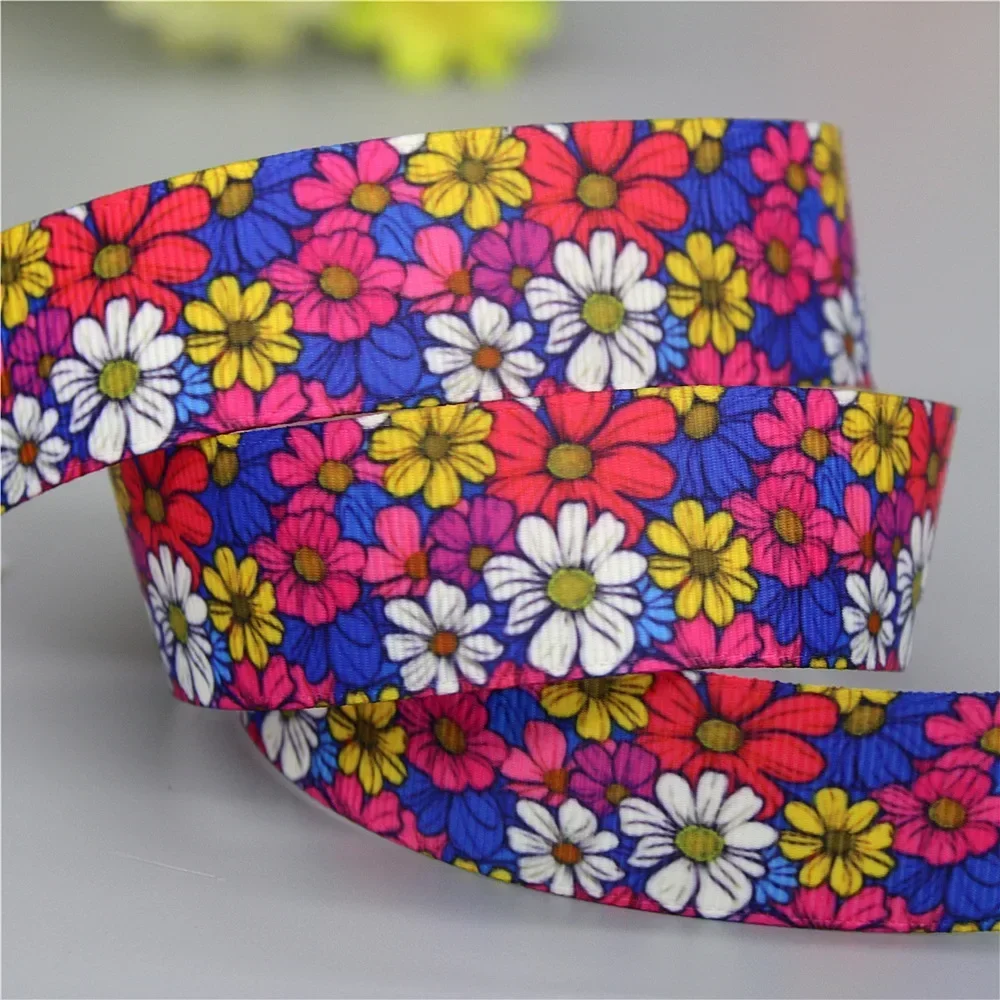 DHK 7/8\'\' 5yards Floral Flower Printed Grosgrain Ribbon Accessories Headwear Decoration Collar DIY Sewing Craft E2153