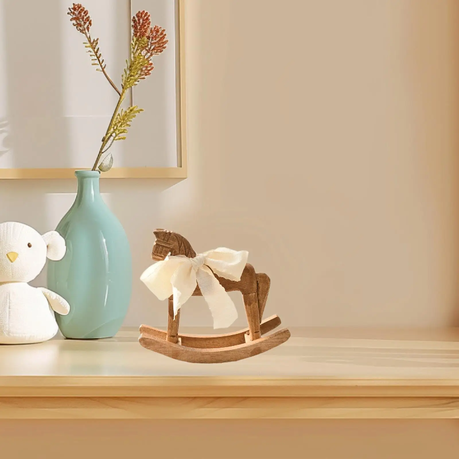 Rocking Horse Decorative Figurine Wooden Sculpture Modern Decoration Statuette for Desk and Shelf Decor