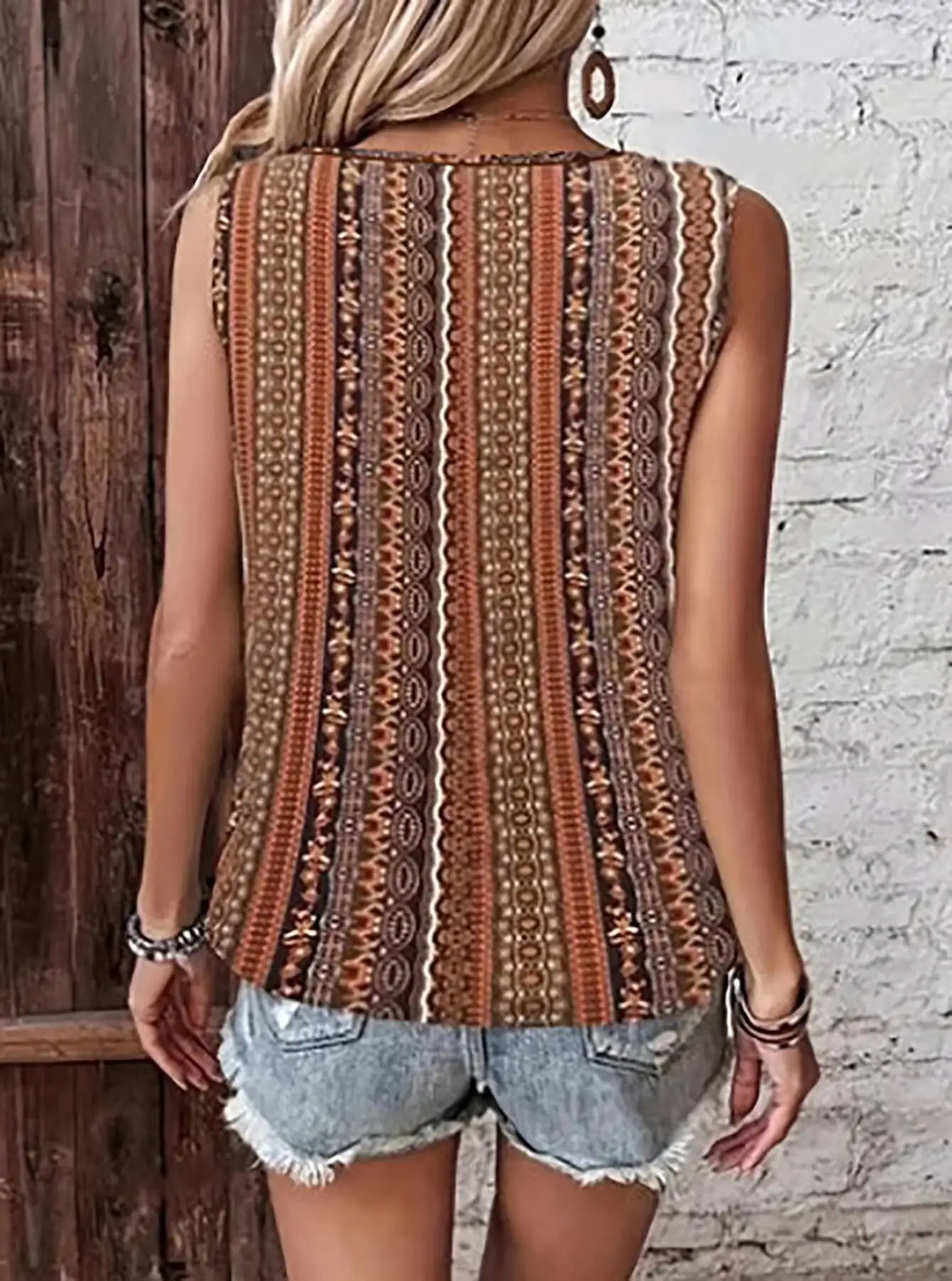 Women Knotted Strap V Neck Tribal Print Loose Fit Cami Top Boho New Spring Summer Vacation Beach Date Lightweight Breathable Top